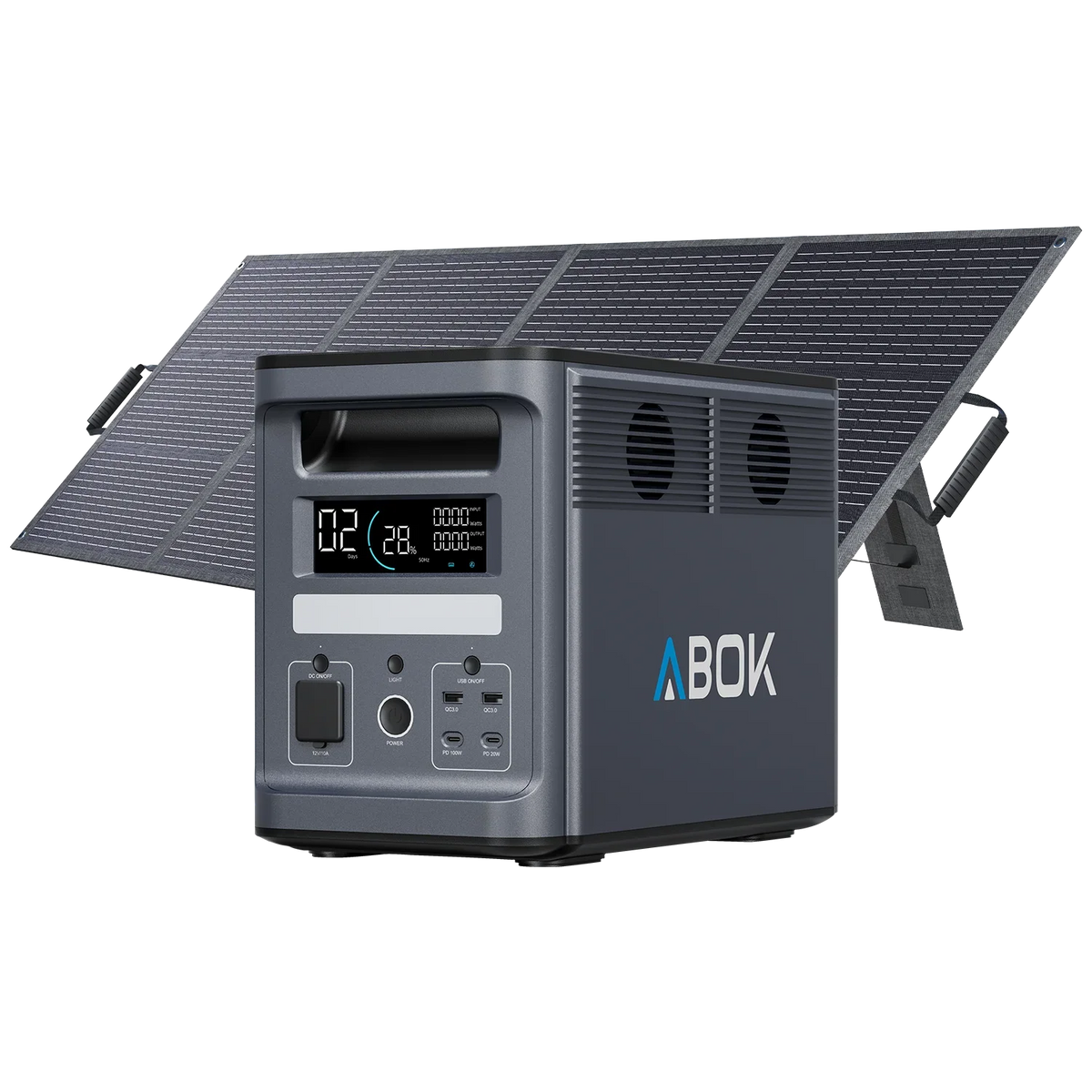 ABOK Ark2000 EU-spec portable power station shown with a 200W foldable solar panel.