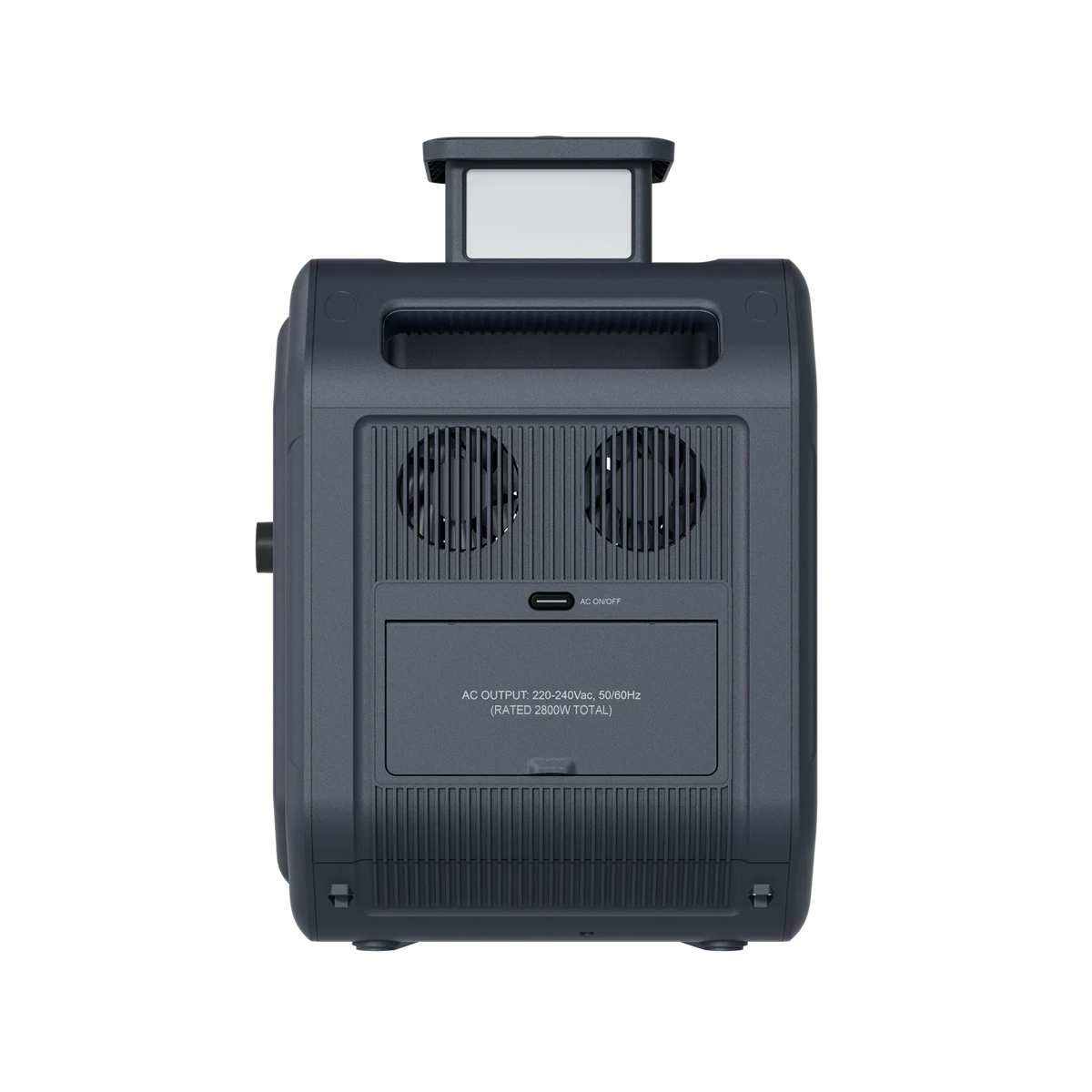ABOK Ark2800 EU-spec side view showing dual cooling fans and covered European AC outlets.