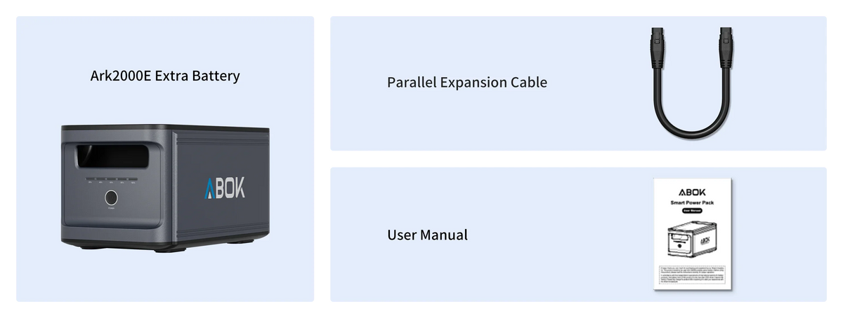 ABOK Ark2000 extra battery package with a parallel expansion cable and user manual.
