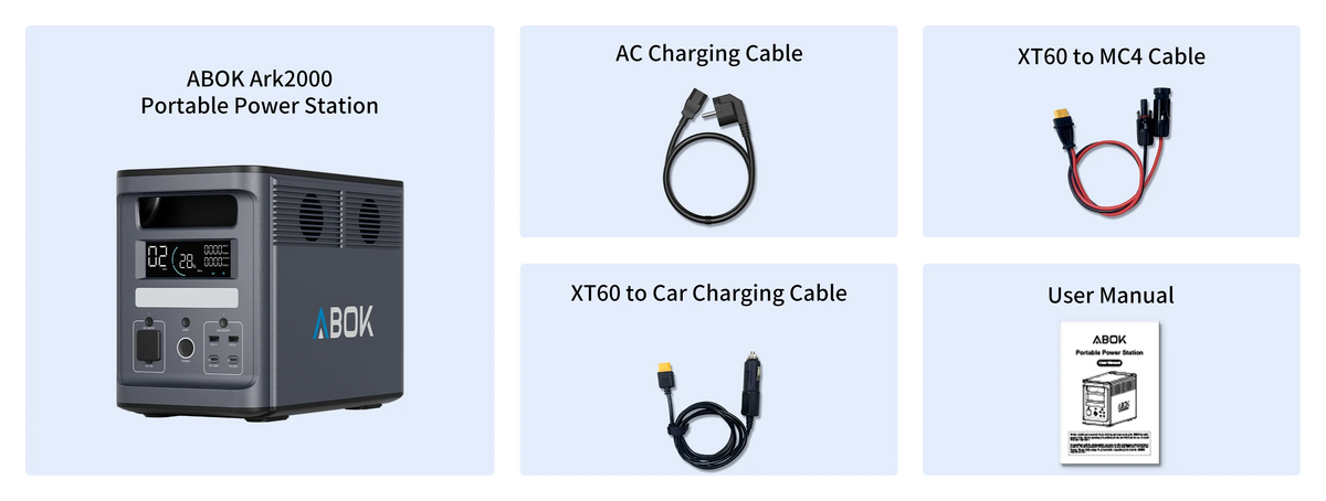 ABOK Ark2000 EU-spec power station with AC charging, XT60-to-MC4, XT60-to-car cables, and user manual.