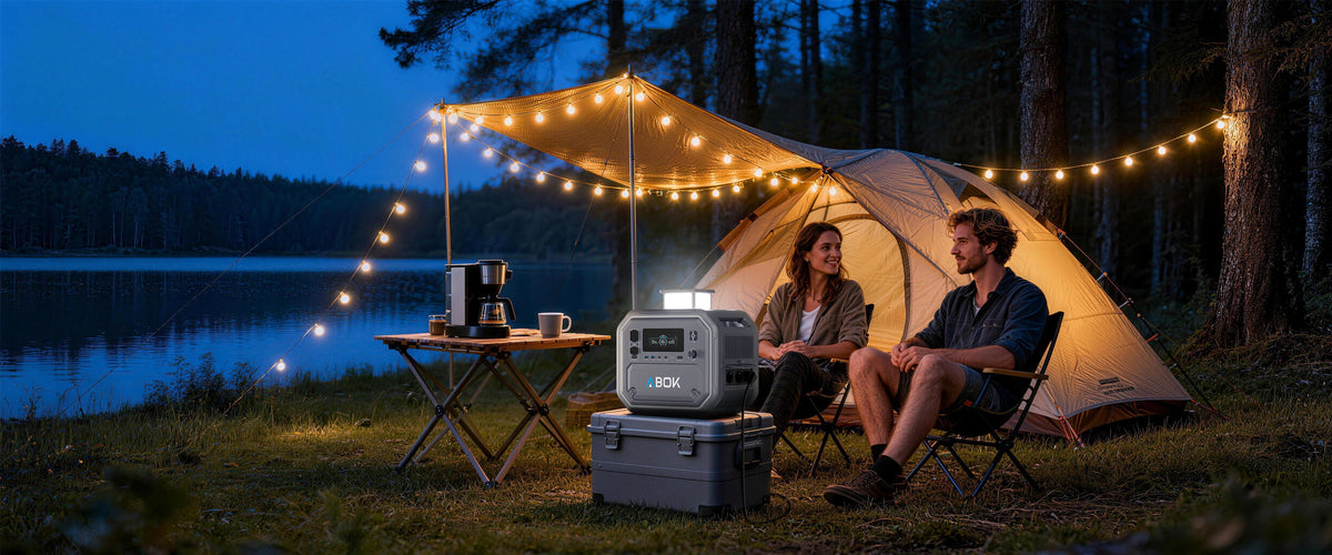 ABOK Ark2800 Powerstation mit ausgeklappter LED-Leuchte an einem Campingplatz am See