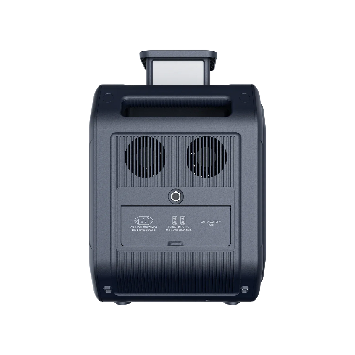 ABOK Ark2800 EU-spec rear view showing dual cooling fans, AC and solar inputs, and the extra battery port.