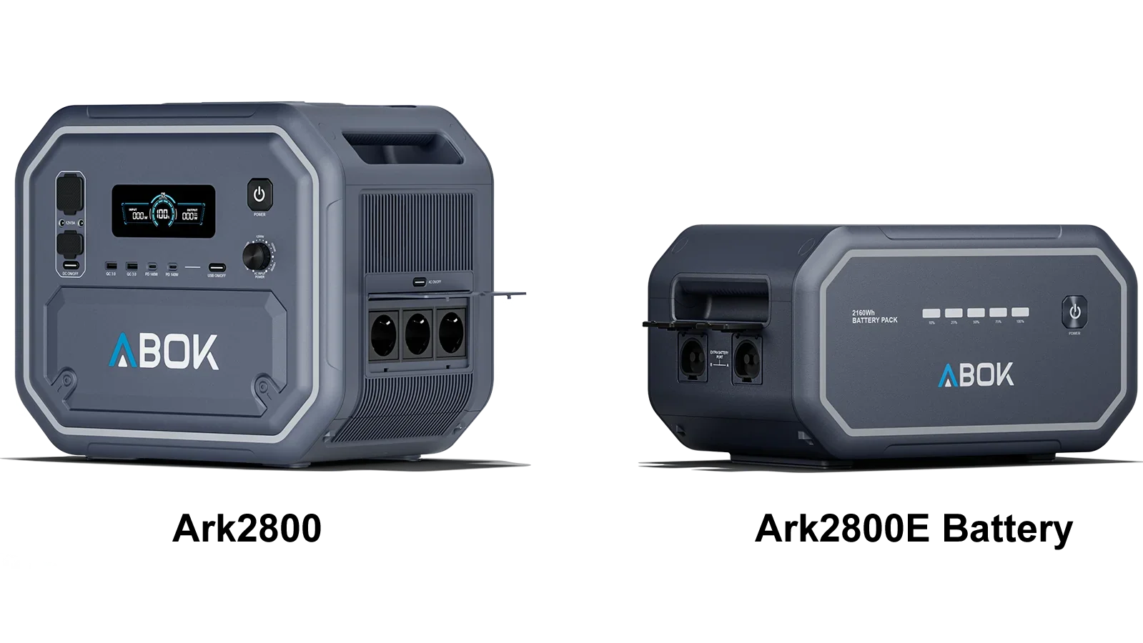 ABOK Ark2800 EU-spec portable power station and matching 2160Wh extra battery shown side by side.
