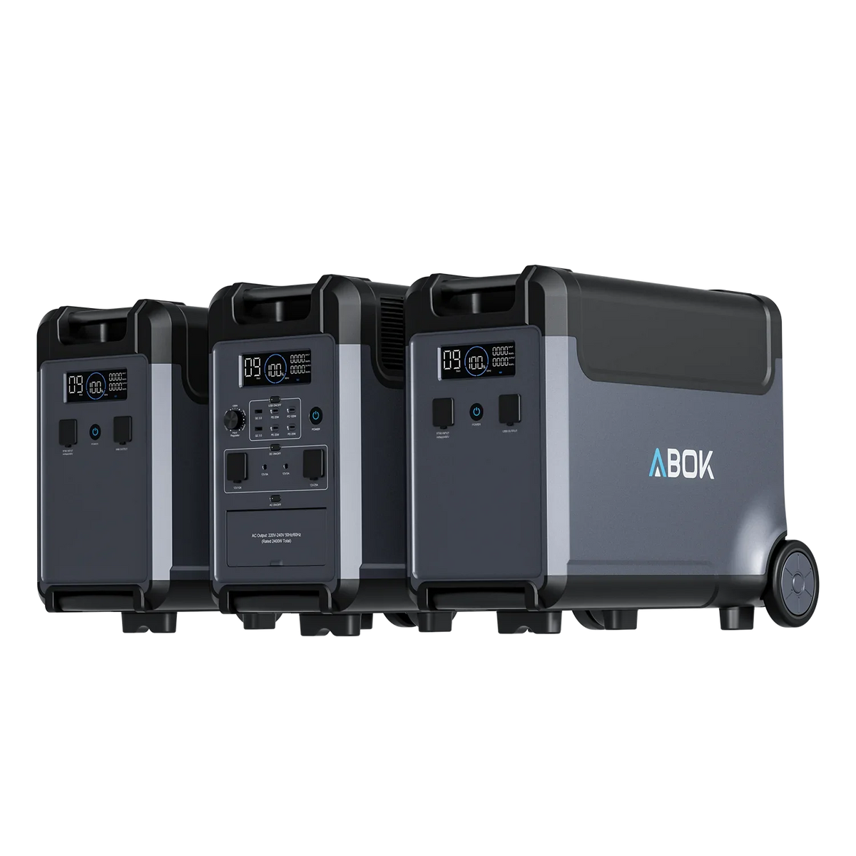 ABOK Ark3600 EU-spec portable power station with two matching extra batteries for expanded capacity.